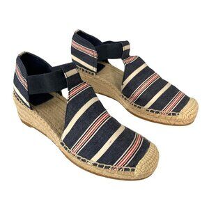 NEW Tory Burch Catalina Navy & Red Striped Denim Espadrille Wedge Sandals 7.5